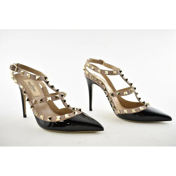 Valentino Rockstud Black Patent Poudre Nude Ankle T Strap Classic Heel Pump 39.5 - Picture 4 of 12